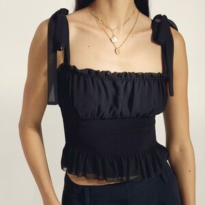 Aritzia Wilfred Ballad Camisole Black Chiffon Tie Strap Tank Top Smocked 76447